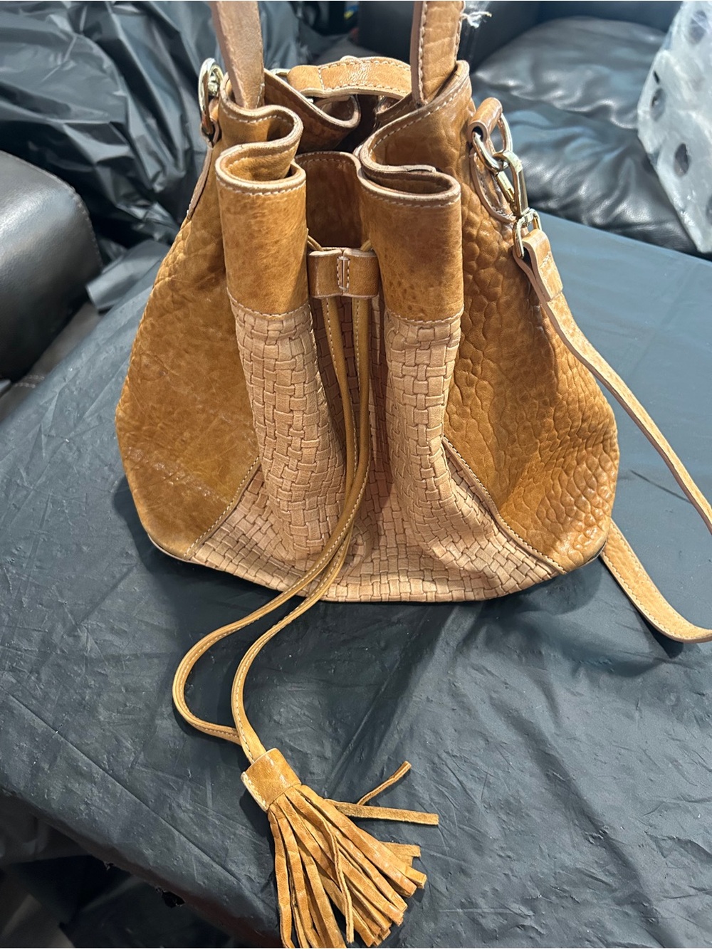 Tan leather Drawstring Bucket Bag - Women